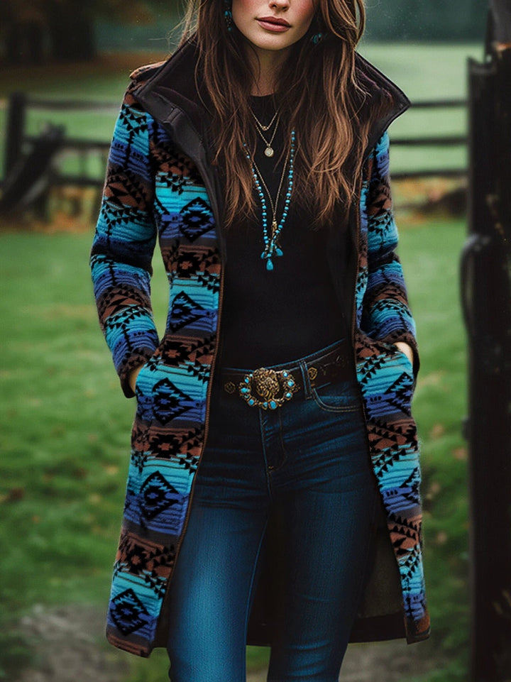 Manteau long en laine à imprimé tribal rétro bohème