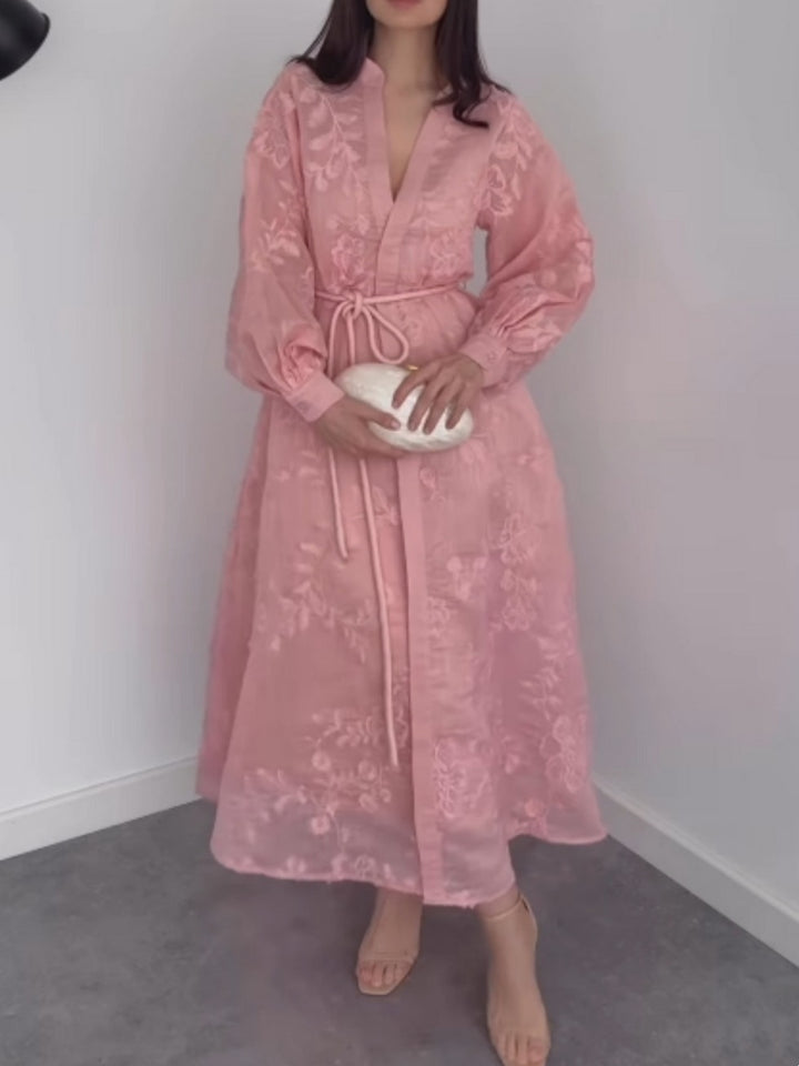 Robe boutonnée à manches longues en jacquard
