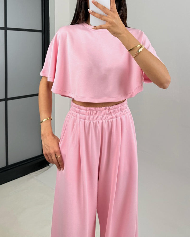Ensemble deux pièces t-shirt et pantalon à col châle tendance