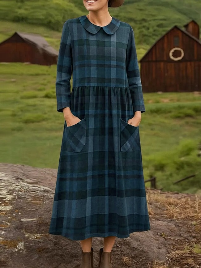 Robe ample à carreaux col Claudine et manches longues