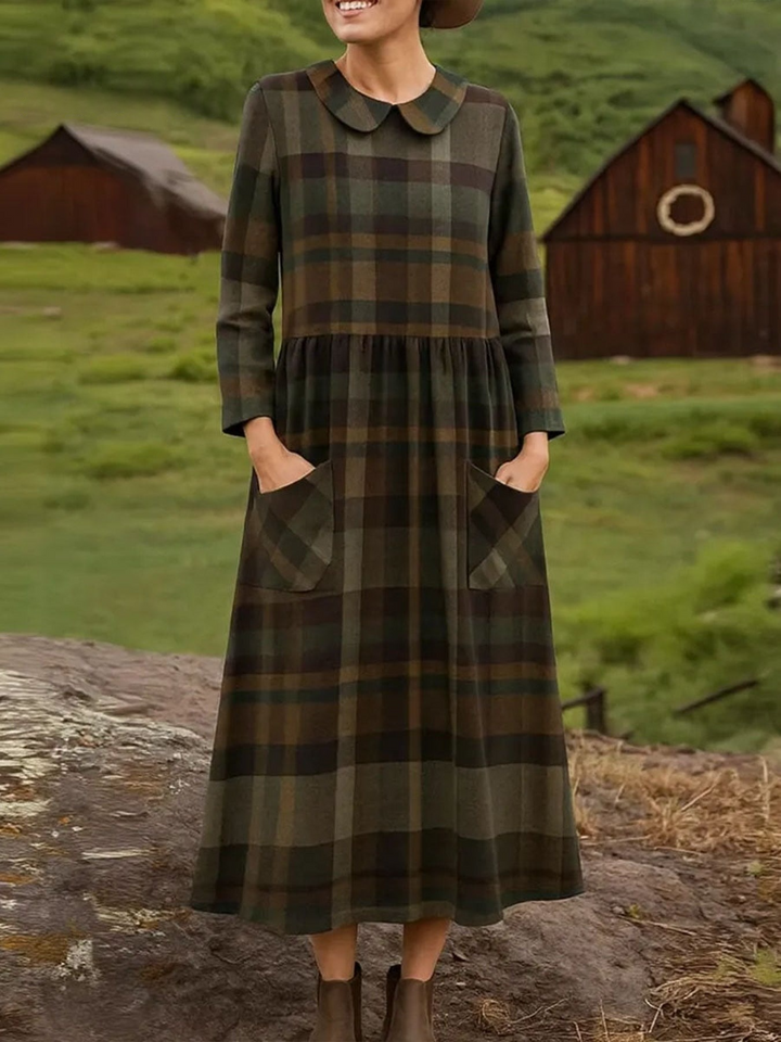 Robe ample à carreaux col Claudine et manches longues