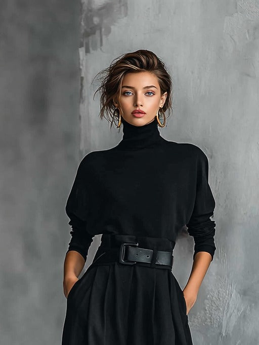Ensemble haut col roulé noir à manches longues et pantalon droit (ceinture incluse)