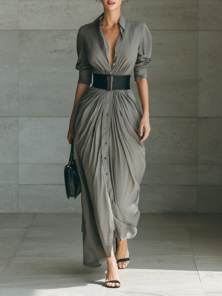 Robe longue à revers simple boutonnage ceinturée