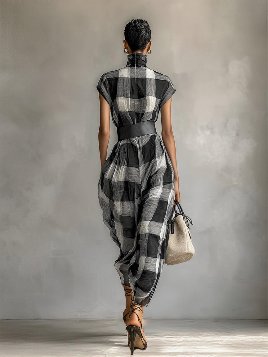 Robe longue à carreaux en mousseline de soie, ceinturée