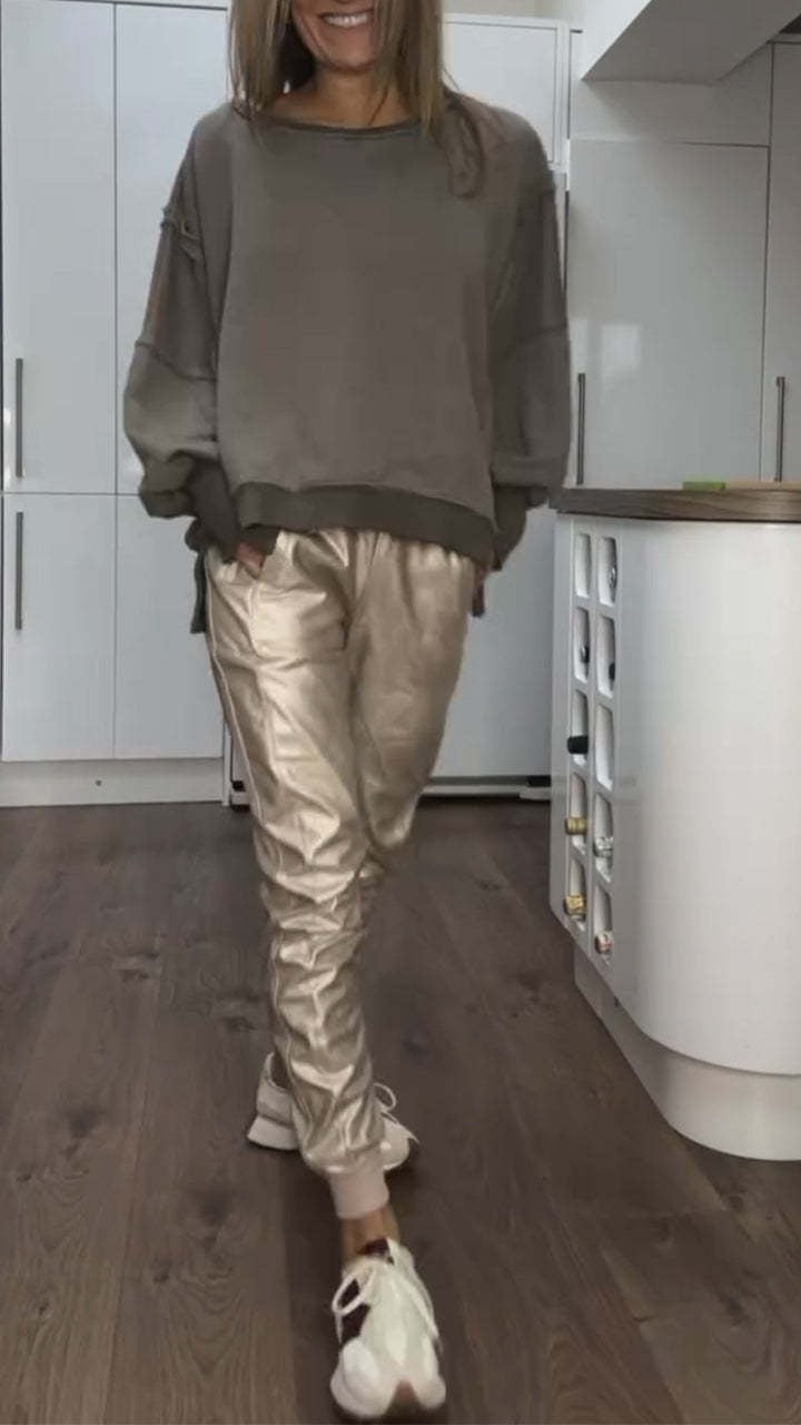 Ensemble haut décontracté à col rond et pantalon en cuir