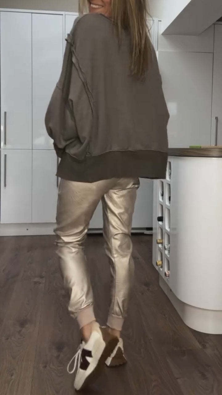 Ensemble haut décontracté à col rond et pantalon en cuir