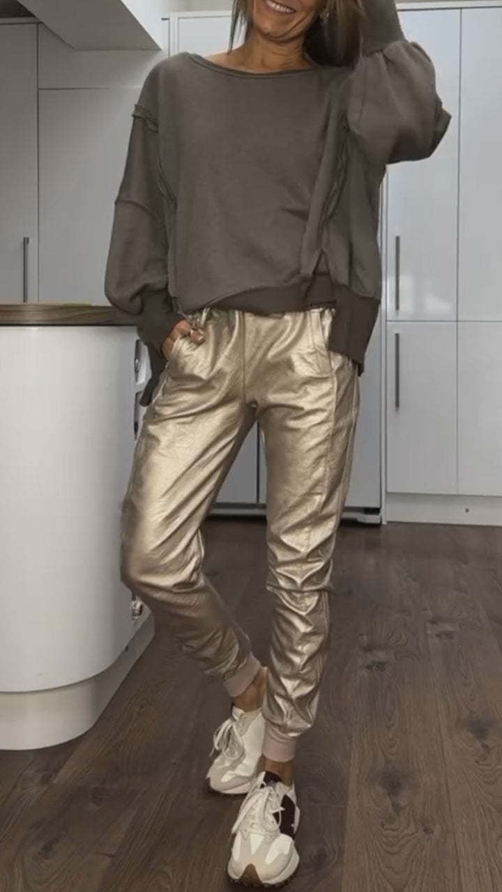 Ensemble haut décontracté à col rond et pantalon en cuir