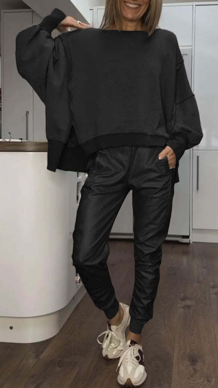 Ensemble haut décontracté à col rond et pantalon en cuir