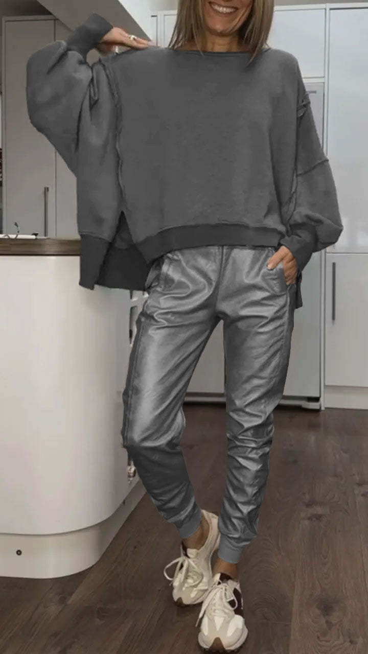 Ensemble haut décontracté à col rond et pantalon en cuir