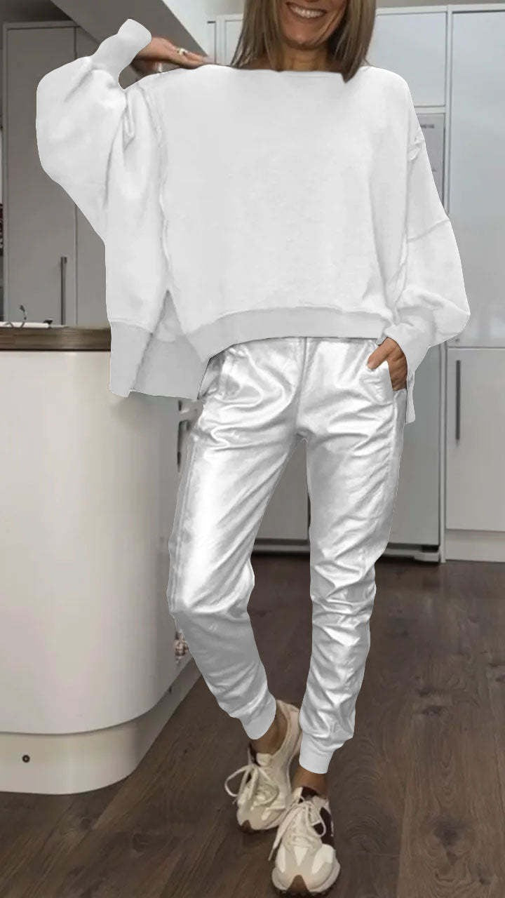 Ensemble haut décontracté à col rond et pantalon en cuir
