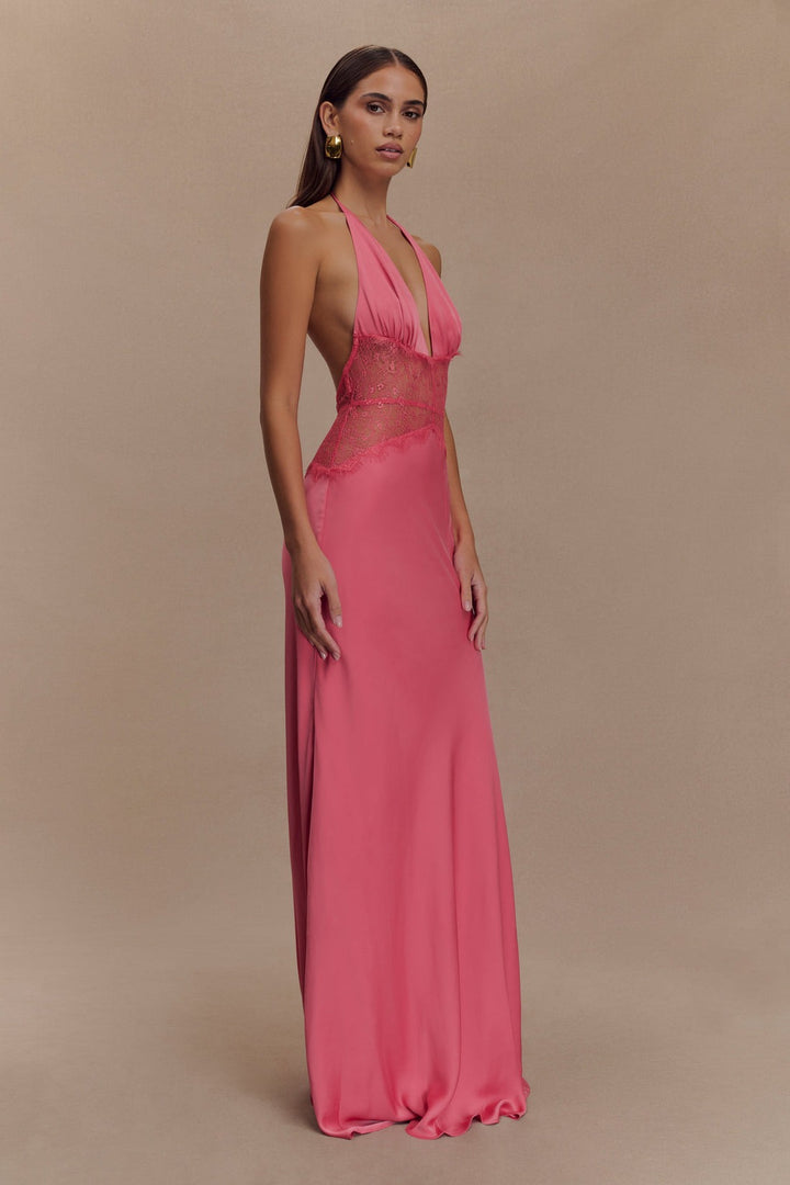 Robe longue en dentelle et satin