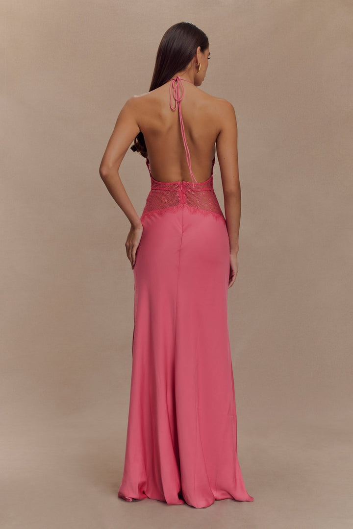 Robe longue en dentelle et satin