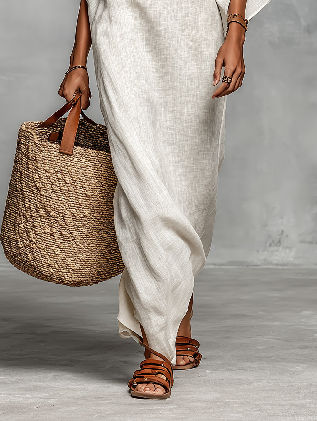 Robe longue en lin mélangé épaules dénudées