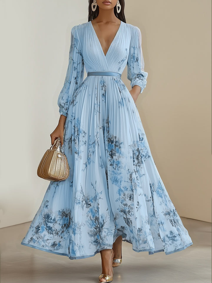 Robe longue plissée en mousseline de soie à fleurs