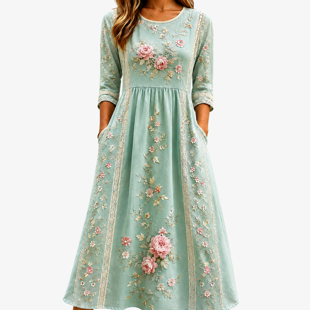 Vestido Midi Grace Jardín de Rosas en Tonos Rosados