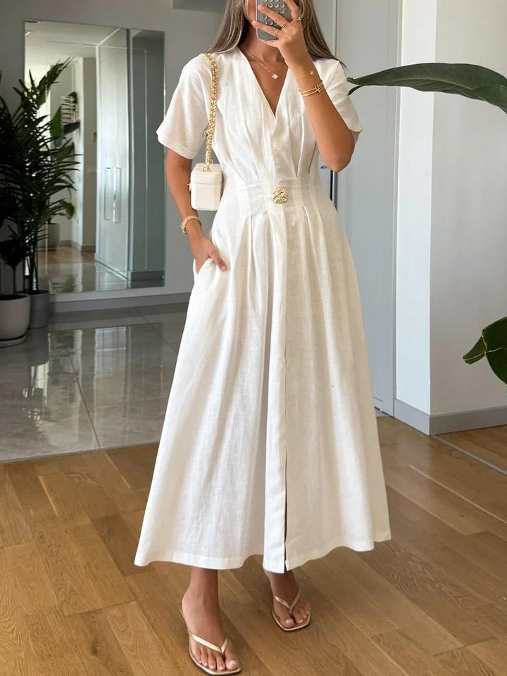 Robe décontractée en coton et lin à col en V et taille haute