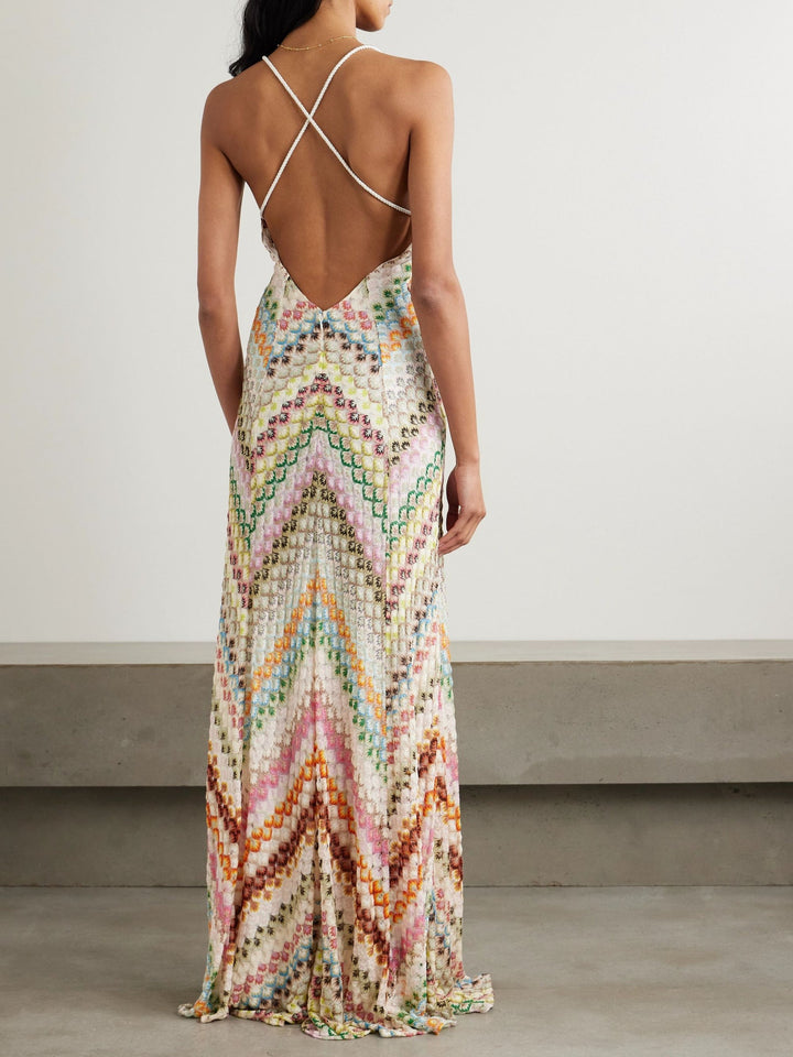 Robe longue ouverte en tricot à imprimé chevrons colorés