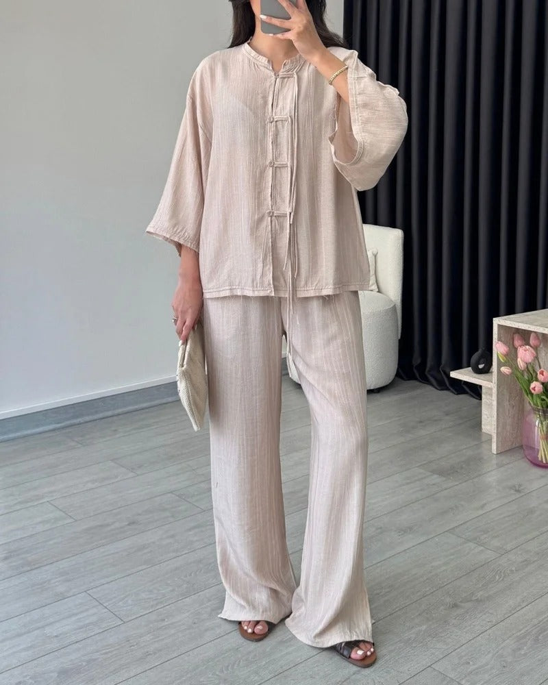 Ensemble deux pièces chemise boutonnée et pantalon tendance