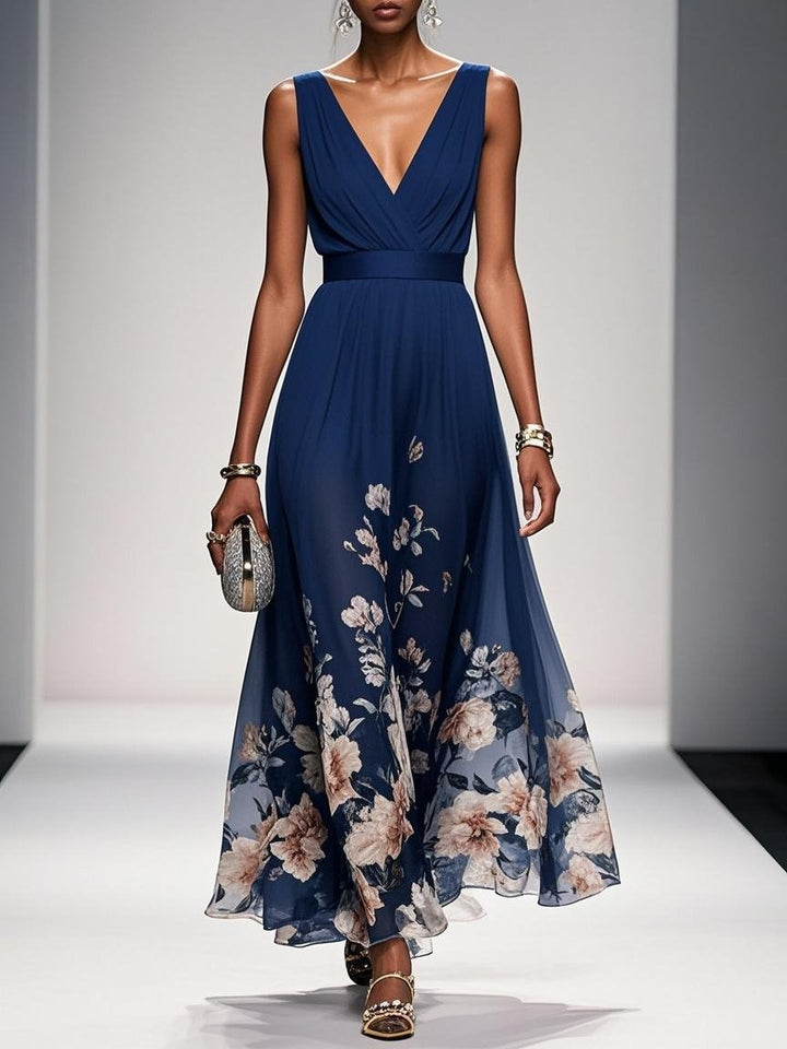 Robe longue en mousseline de soie à fleurs