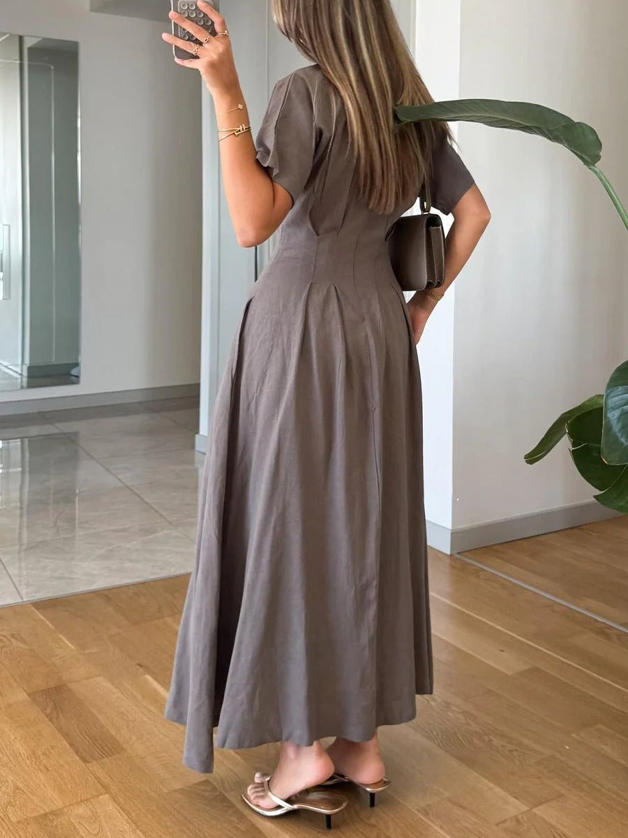 Robe décontractée en coton et lin à col en V et taille haute