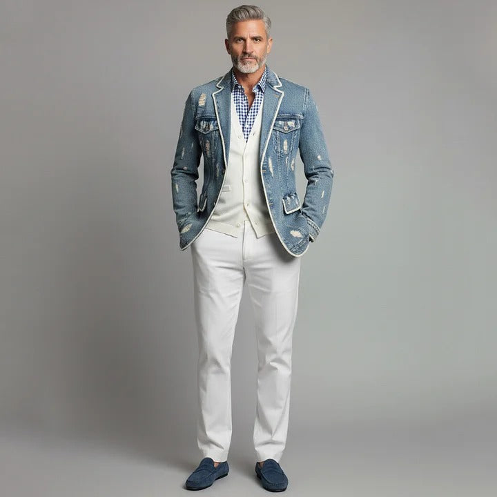 Blazer en denim déchiré bleu à revers cranté