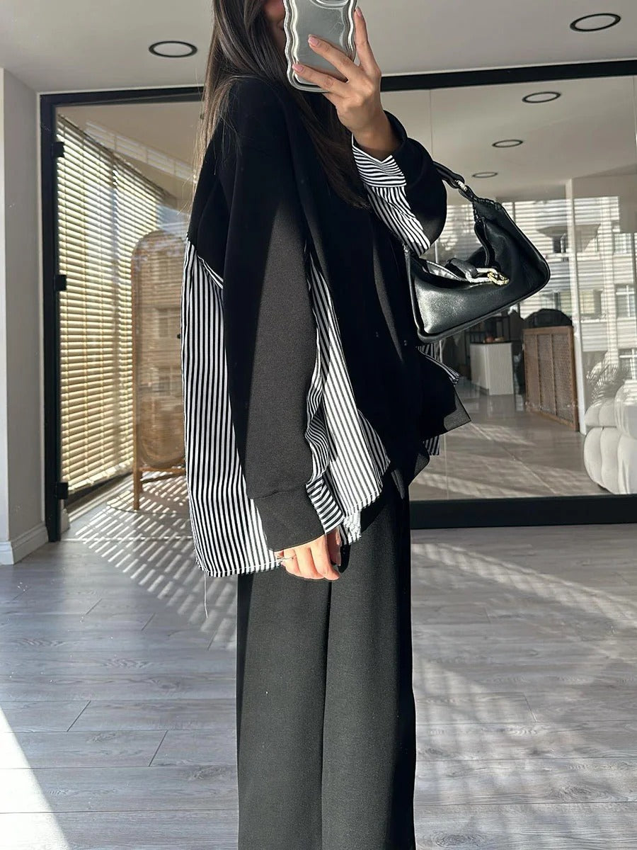 Ensemble deux pièces décontracté à rayures et patchwork pour femme