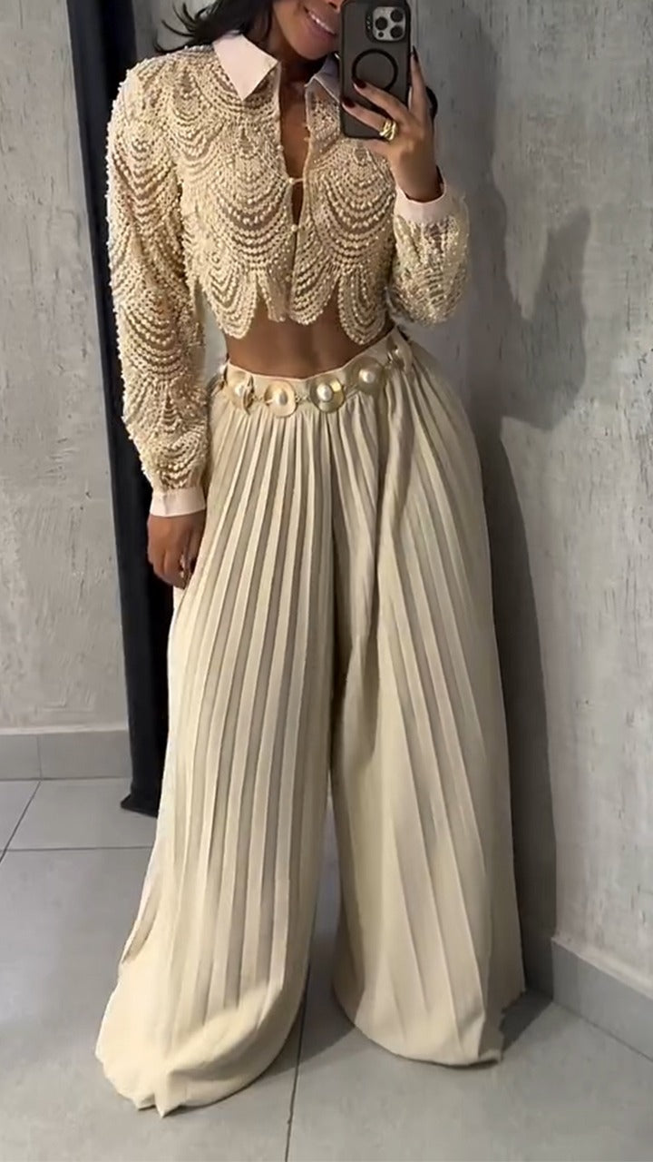 Ensemble haut à revers et pantalon plissé