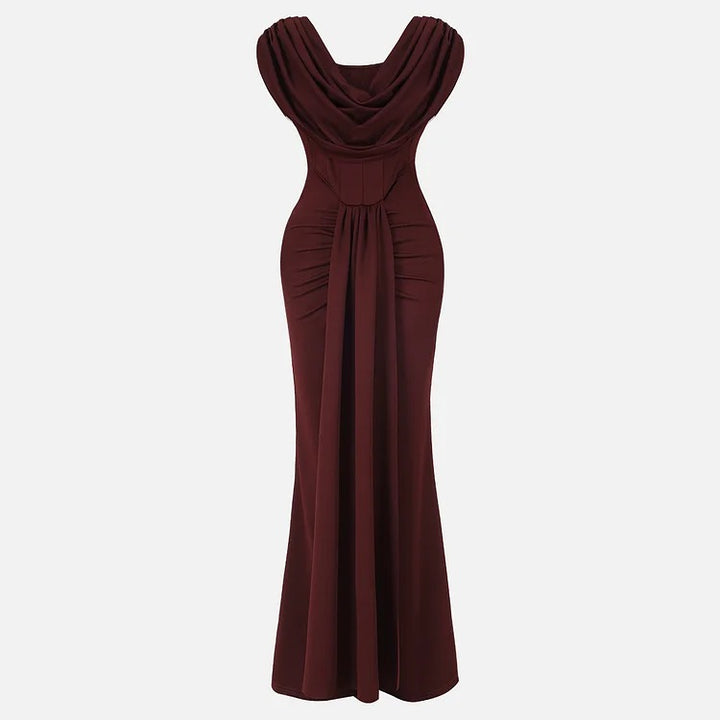 Robe longue de soirée marron élégante à col drapé