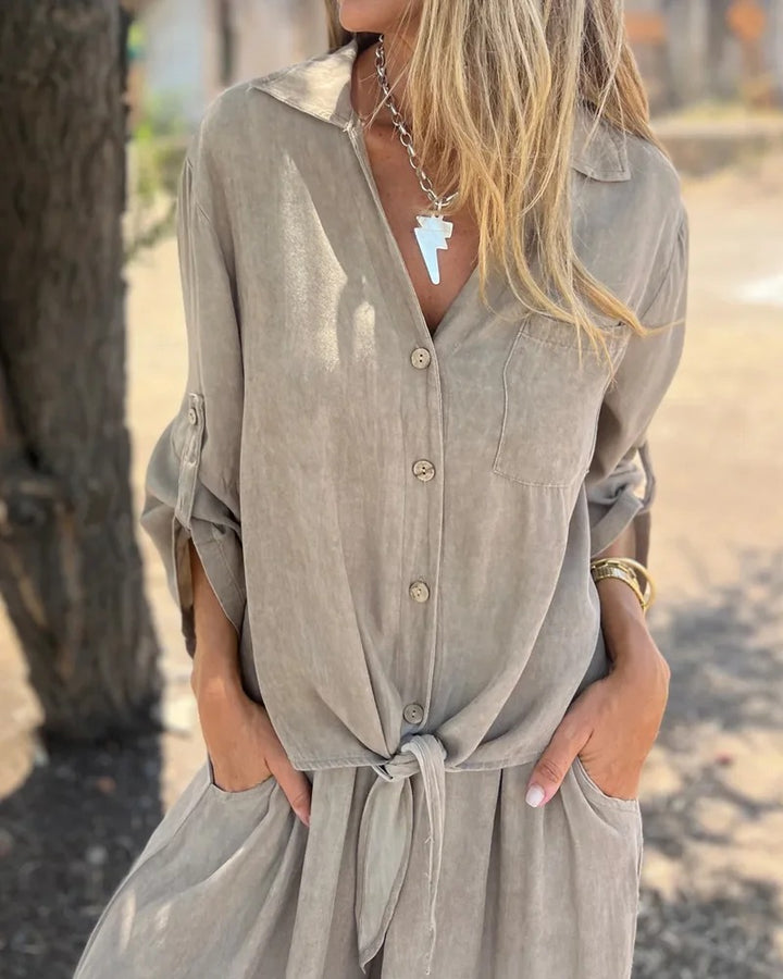 Ensemble deux pièces décontracté avec chemise unie et jambe large
