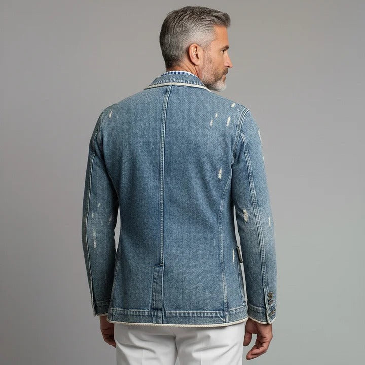 Blazer en denim déchiré bleu à revers cranté