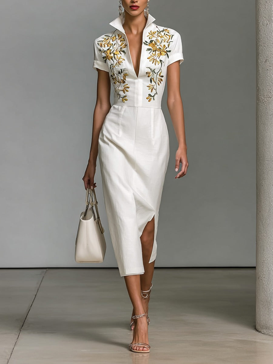 Robe mi-longue brodée à col en V