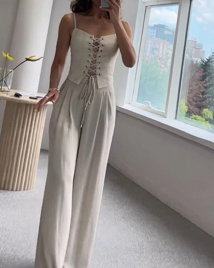 Ensemble deux pièces haut et pantalon à cordons