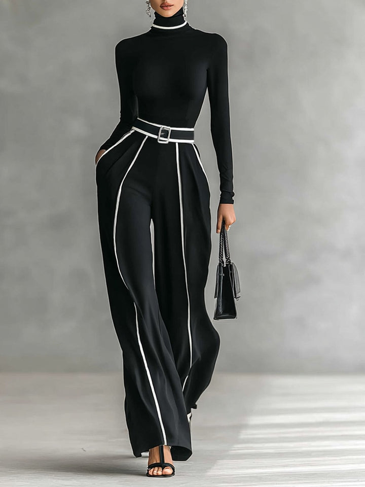 Ensemble haut à col roulé blanc bordé et pantalon large