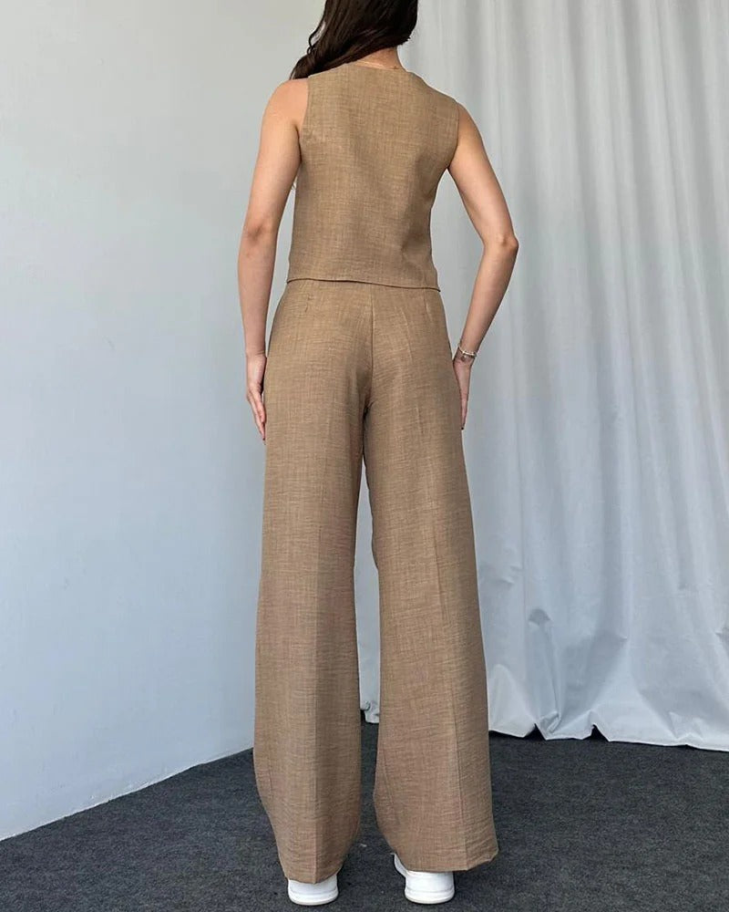 Ensemble deux pièces gilet décontracté de couleur unie