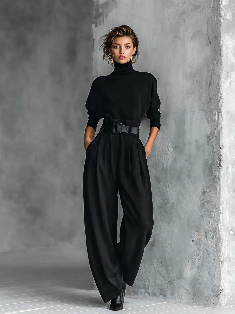 Ensemble haut col roulé noir à manches longues et pantalon droit (ceinture incluse)