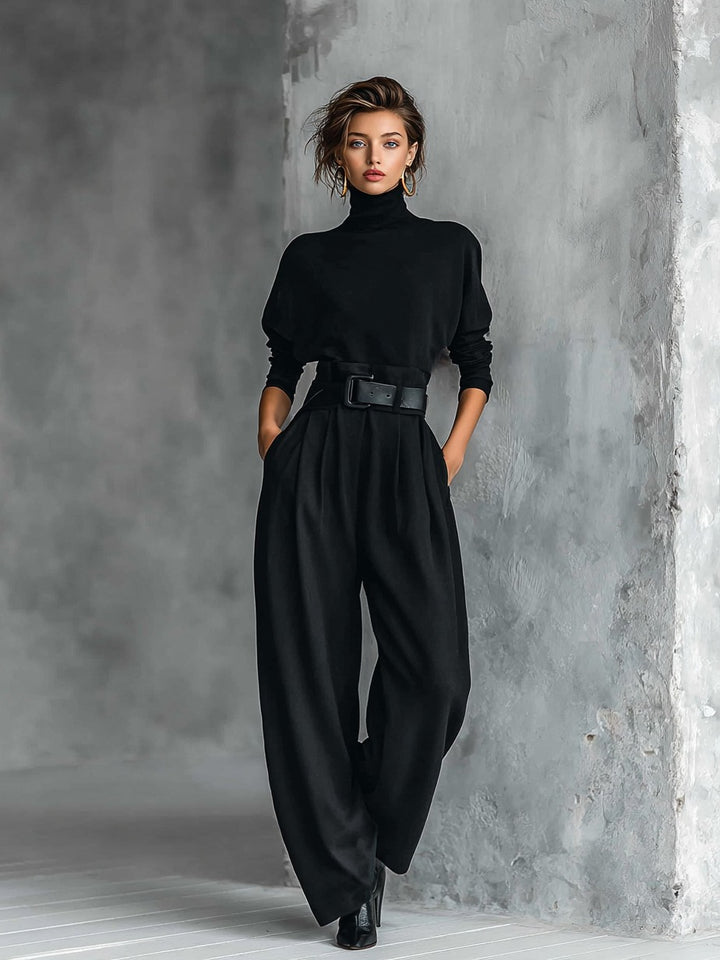 Ensemble haut col roulé noir à manches longues et pantalon droit (ceinture incluse)