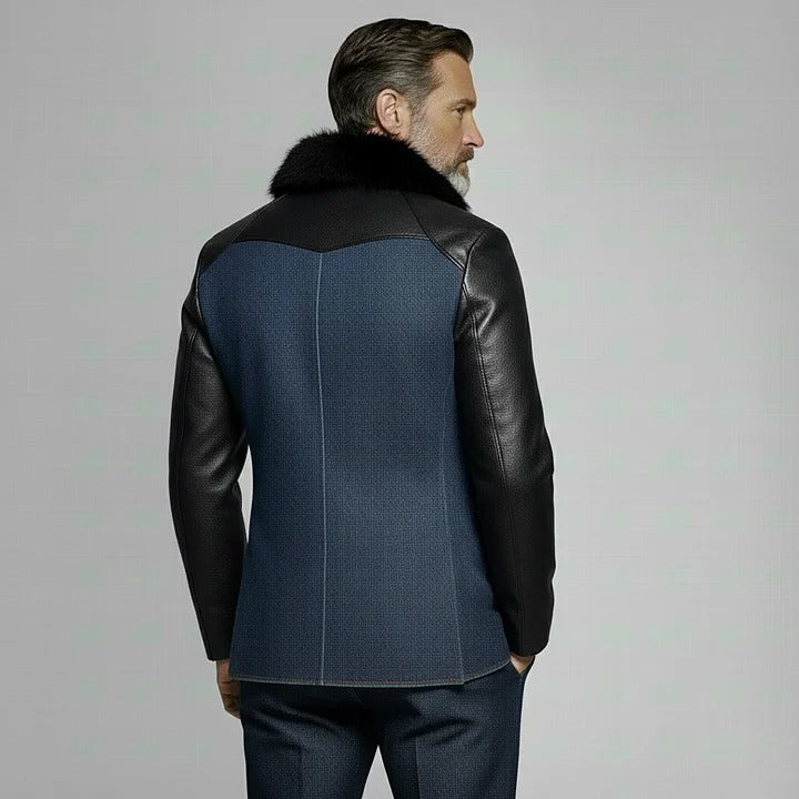 Blazer croisé en denim col en similicuir et fourrure