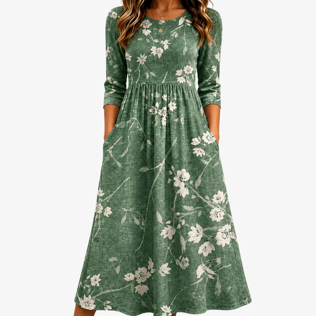 Vestido Midi Relajado con Bolsillos Evergreen Bloom