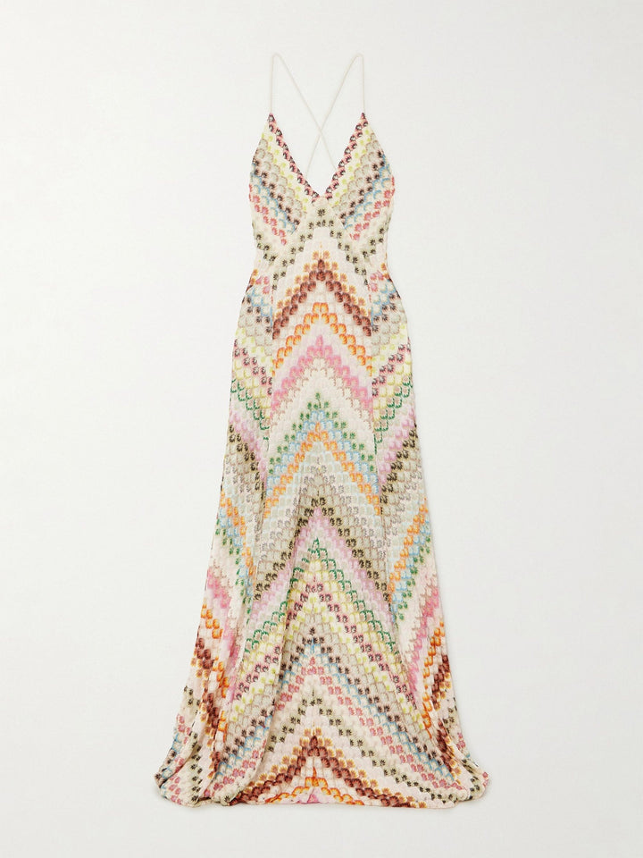 Robe longue ouverte en tricot à imprimé chevrons colorés