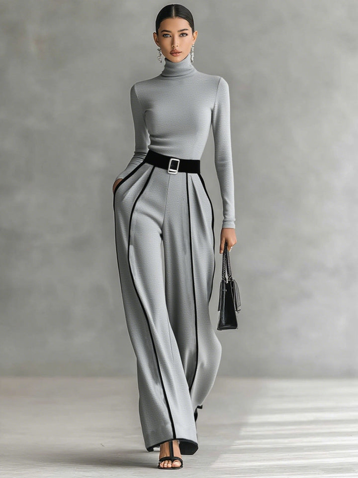 Ensemble haut à col roulé blanc bordé et pantalon large