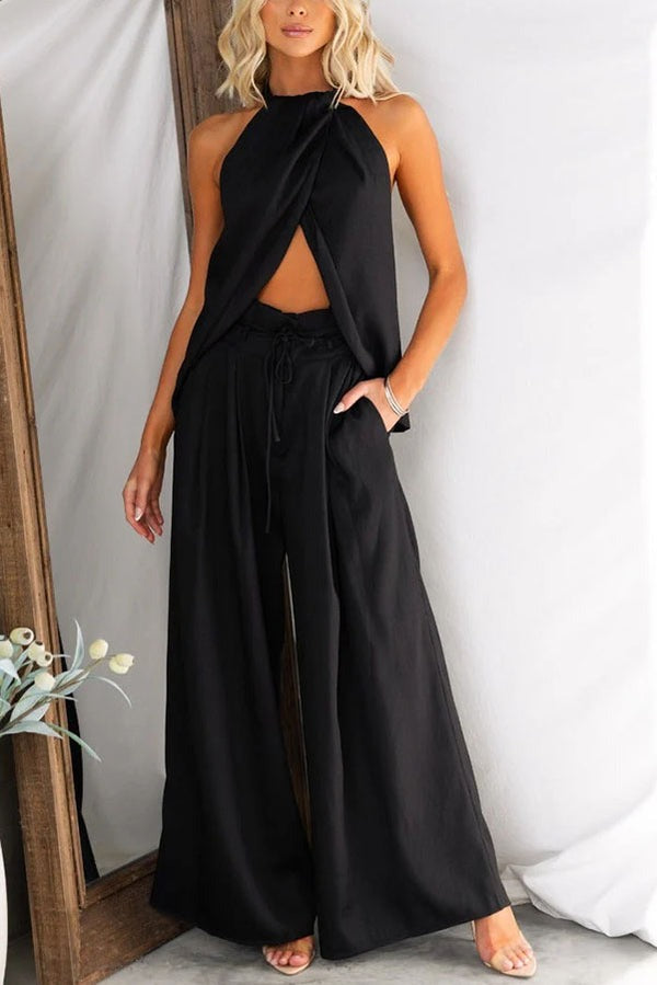Ensemble haut fendu et pantalon taille haute en lin mélangé