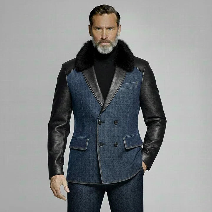 Blazer croisé en denim col en similicuir et fourrure