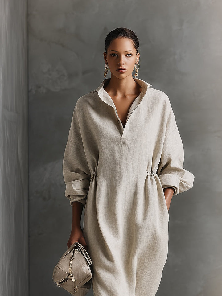 Robe longue beige décontractée en coton avec cordon de serrage