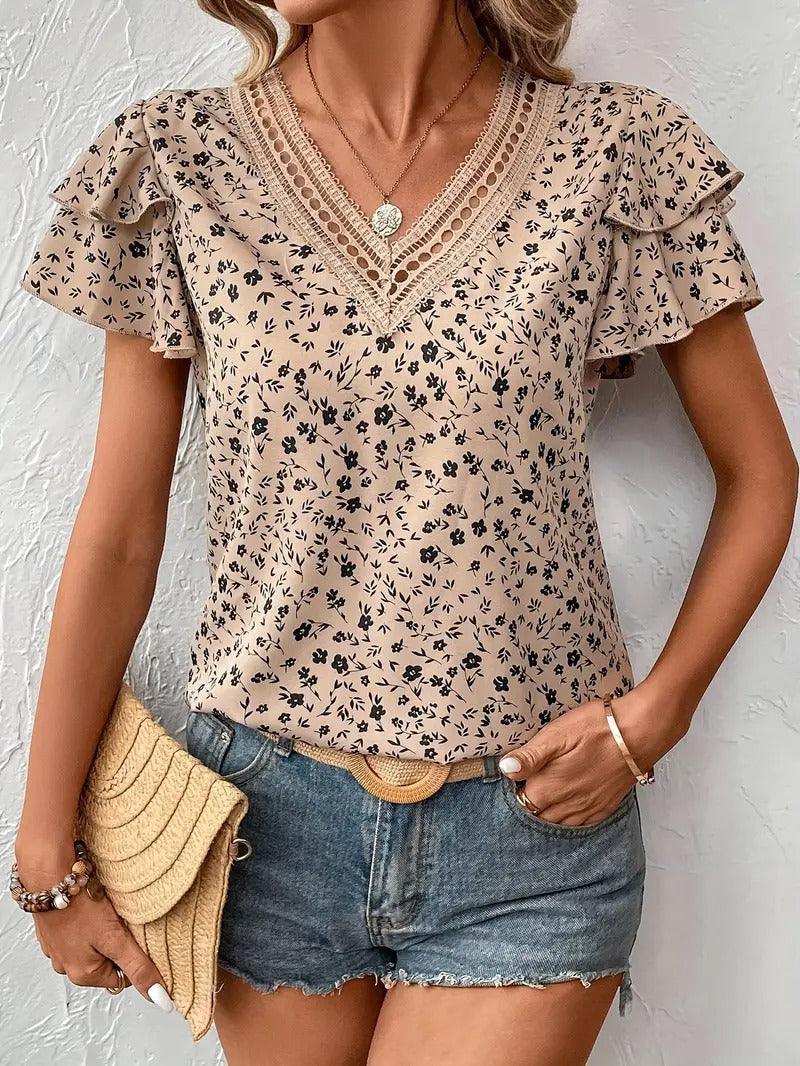 Haut décontractée à col châle double couche imprimé floral