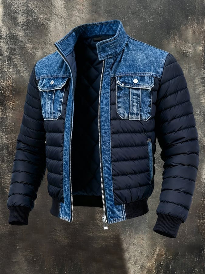 Doudoune en denim patchwork pour homme