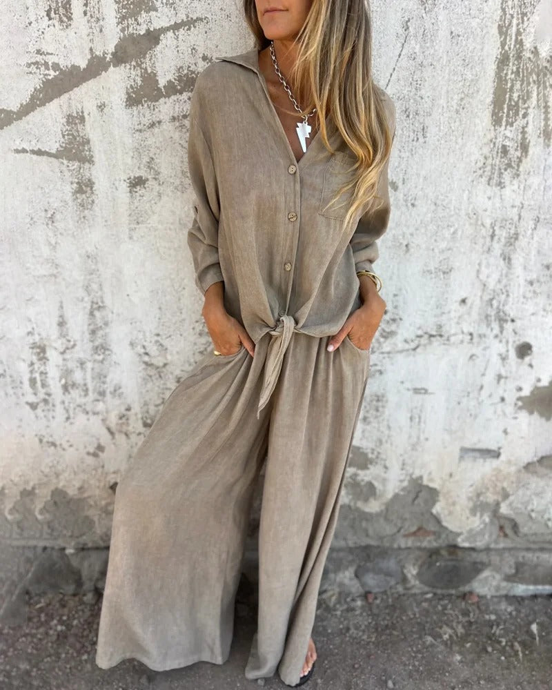 Ensemble deux pièces décontracté avec chemise unie et jambe large