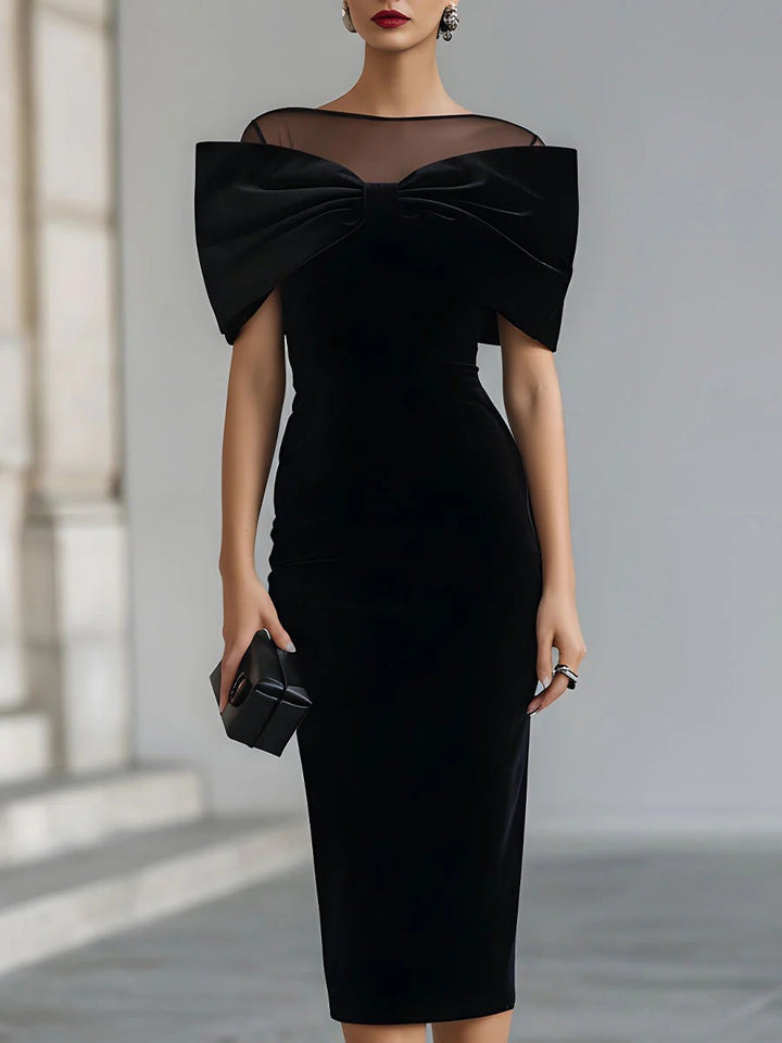 Robe midi spectaculaire en velours noir à nœud