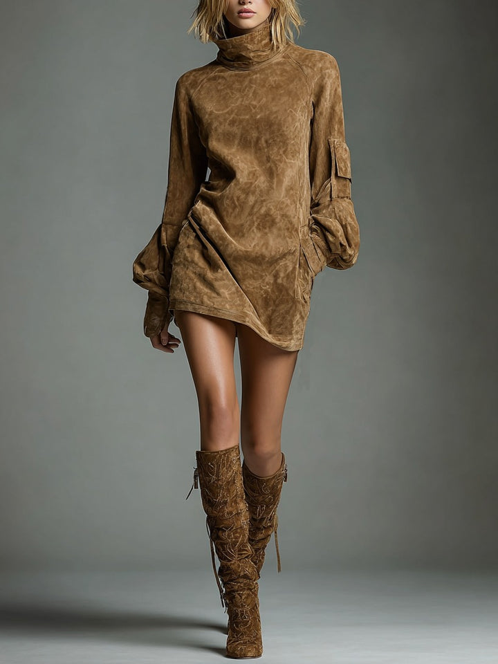 Robe courte vintage en daim à col roulé