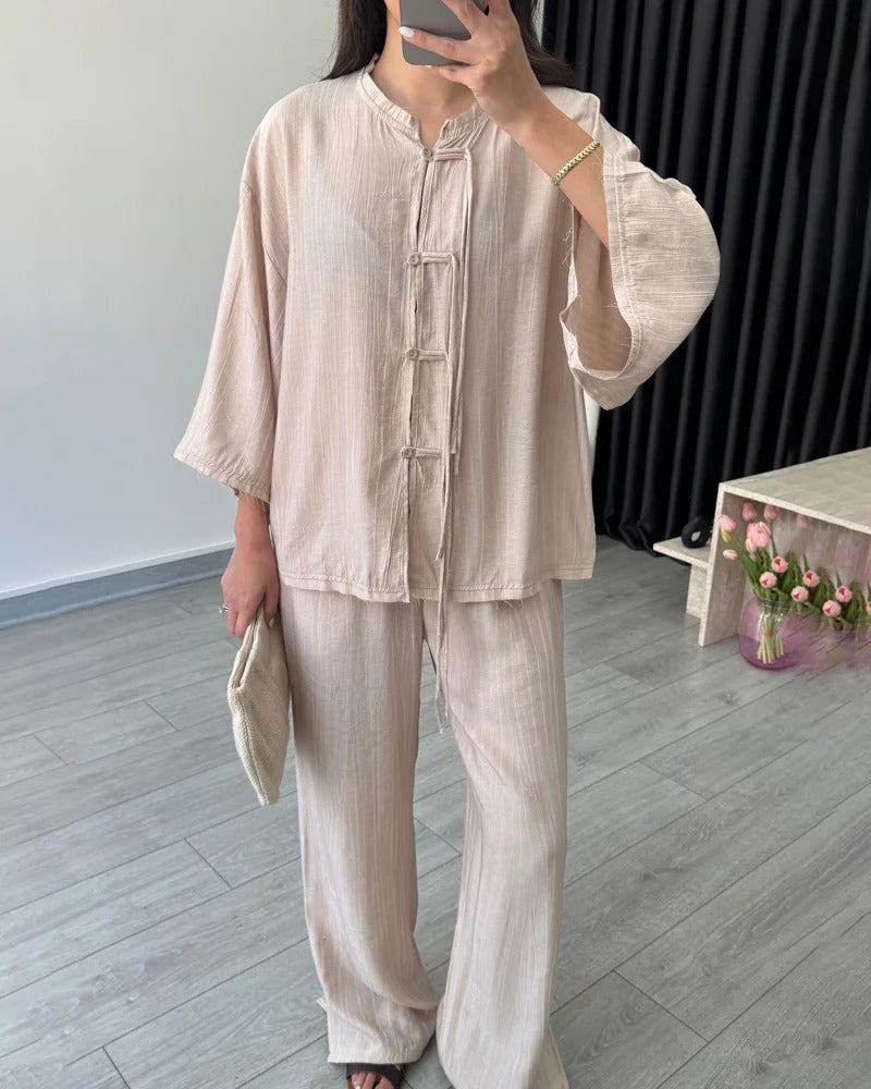 Ensemble deux pièces chemise boutonnée et pantalon tendance
