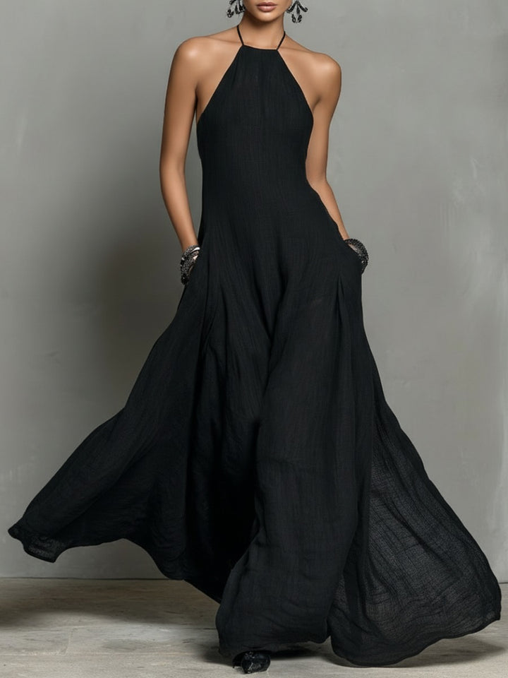 Robe longue à col halter en lin mélangé
